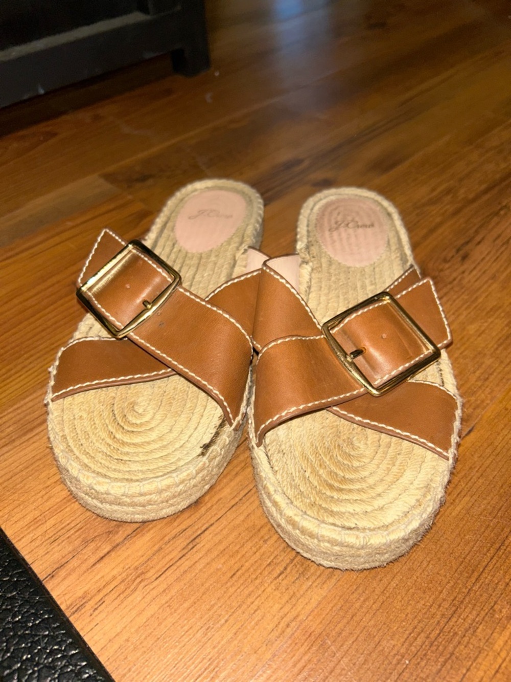 J. Crew Tan Leather Buckle Espadrille Slide Sandals